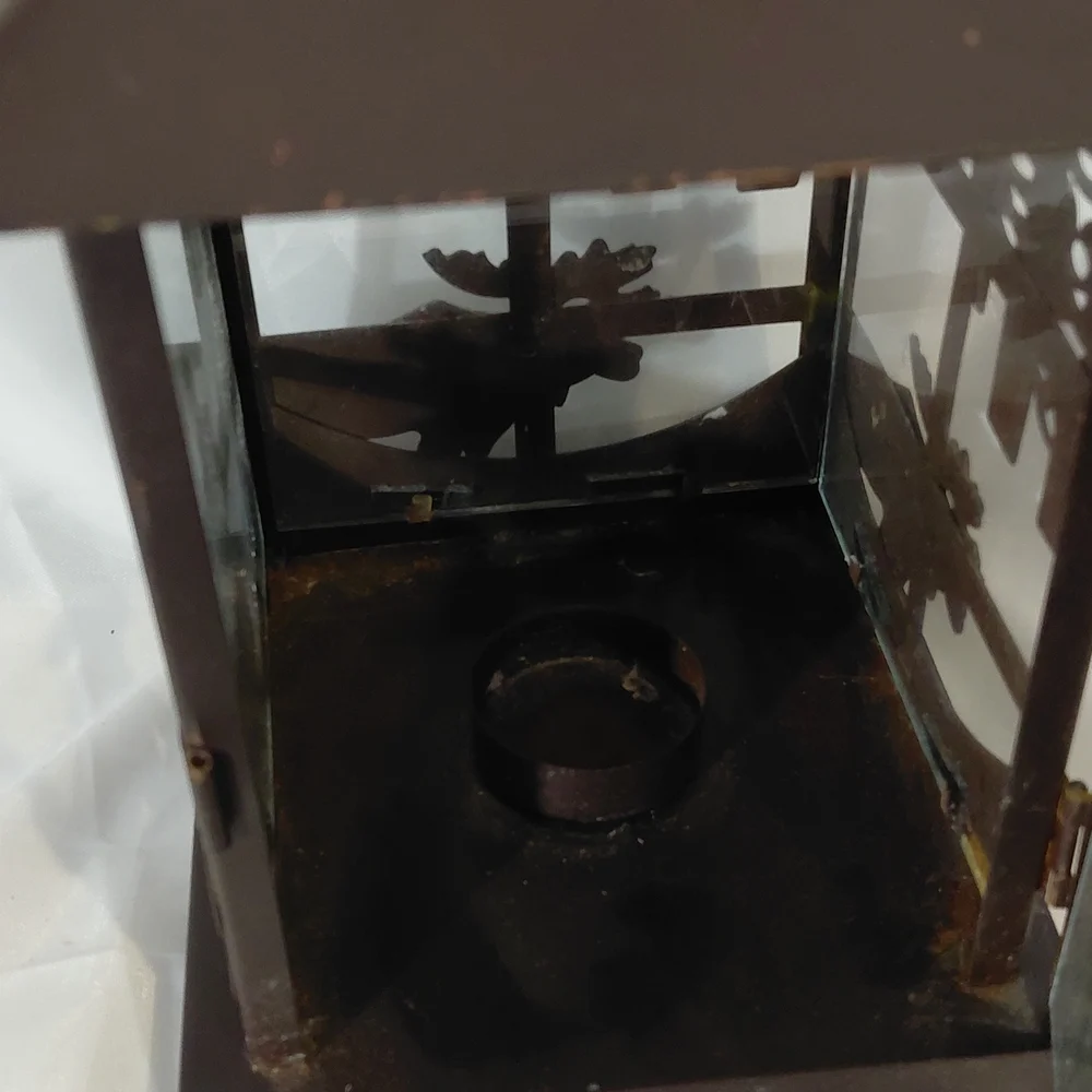 Dark Brown Metal Lantern with Moose Silhouette - Decorative Accent